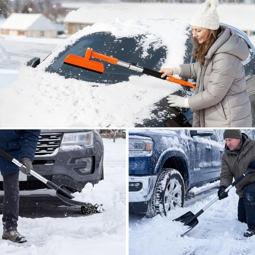 COCCKO 47.6" Car Snow Brush and Ice Scraper, 3-in-1 Heavy Duty Extendable Snow Shovel with 360° Rotating Silicone Brush Head, Durable Snow Removal Tool for SUV Truck(Tangerine)