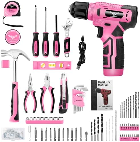JENABOM 127-Piece Home Tool Set with 8V Pink Cordless Drill