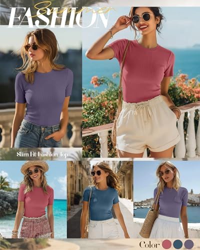 Ficerd 3 Pack Women's Ribbed Short Sleeve T-Shirts