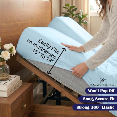 JS Sanders Collection 600TC Flex Top King Sheets for Sleep Number Bed - 100% Cotton 4 Pcs Top Split King Sheets for Adjustable Bed, King 39 Inch Down Light Blue-18 Inch Deep