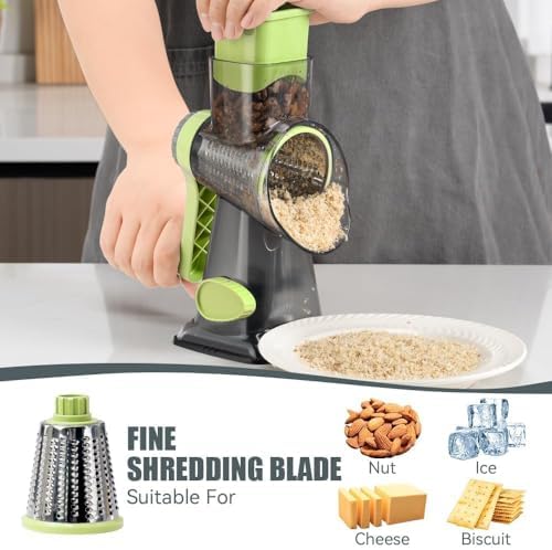 KEOUKE Rotary Cheese Grater Pro 6 in 1 - Shredder Crinkle Slicer Grinder Ice Shaver, Stable Suction, Time-saving Easy Use & Clean, Safe Morden Kitchen Tool for Cheese, Vegetable, Nuts, Chocolate
