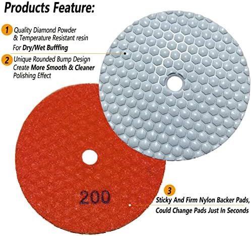 7 Inch Dry Diamond Polishing Pads, 11PCS Wet/Dry Granite Stone Buffing Pad Kit for Marble Concrete Quartz Tiles - High Temperature Resistance Sand Disc for Drill Grinder Polisher