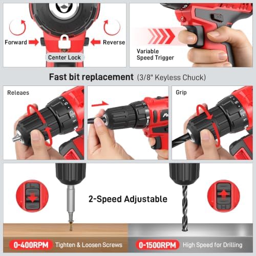 PULITUO Power Drill Tool Kit with 20V Cordless Drill/Driver, Electric Screwdriver, 2 Batteries & Charger, LED Light, 199-Piece Pink Home DIY Tool Set with Toolbox, Drill Set for Women & Men (Red)