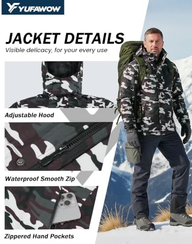 Yufawow Men Winter Jacket Skiing Jacket Insulated Fleece Lined Waterproof Windbreaker for Snowboard Hiking Camping ATV Outdoor Work