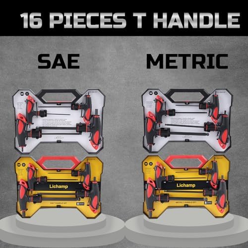 Lichamp 16 Pieces SAE and Metric T Handle Allen Wrench Set, 5/64-3/8 inch, 2-10mm, Ball Head, Standard Long Tee Handle Allen Hex Key Set, Heavy Duty Excellent | Metric & SAE, Ball Head, Standard Long Tee Handle Allen Hex Key Set, Heavy Duty Excellent