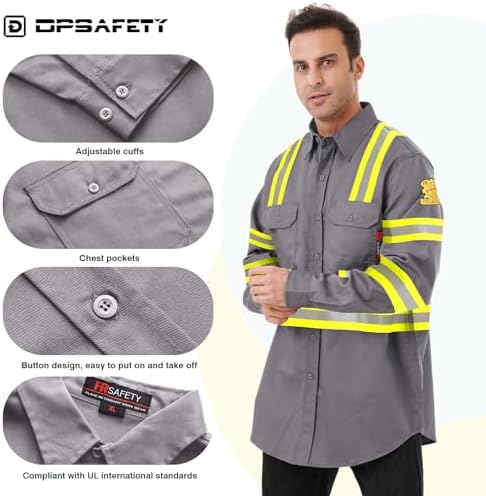 FR Shirts for Men 7oz High Visibility Fire Resistant Shirts CAT2 Welding Shirt 100% Cotton Hi Vis Flame Resistant Shirt Light Gray(4X-Large)