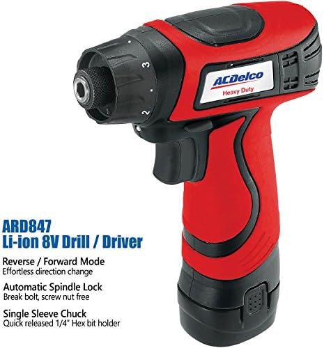 ACDelco ARD847Li Cordless 8V Li-ion compact Drill/Driver Impact Wrench 3 PC Combo Kit with Case, LED Work Light, 2-Port Charger, and 2 Batteries