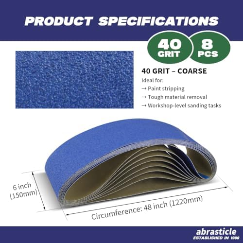 8 Pack 6 x 48 Inch Zirconia Sanding Belts, 40 Grit Heavy Duty Belt Sander Paper, Fits Belt Sander & Bench Sander for Professional Woodworking, Metal Grinding and Surface Preparation