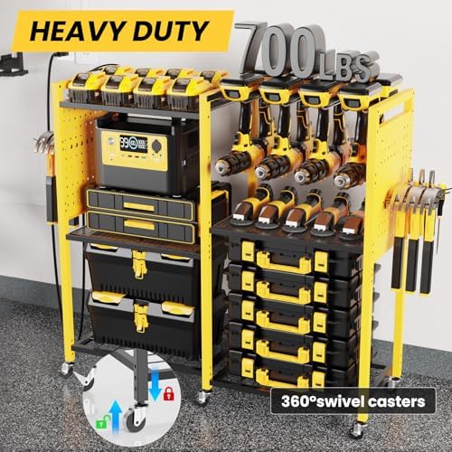 Heavy-Duty Power Tools Organizer Cart with Charging Power Strip, 6-Tier Rolling Utility Cart with 8 Hooks and 6 Load-Bearing Wheels, Garage Tool Storage Rack for Workshop for Men