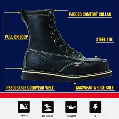 Thorogood American Heritage 8” Steel Toe Work Boots for Men - Full-Grain Leather with Moc Toe, Slip-Resistant Wedge Outsole, and Comfort Insole; EH Rated