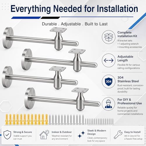 Flutesan 5 Pack 8.27 Inch Handrail Brackets | 304 Stainless Steel Adjustable Stair Railing Brackets with Wrench, Indoor/Outdoor Banister Support for DIY Installation