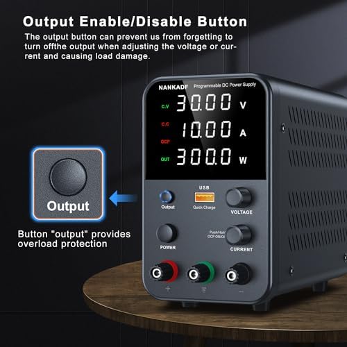 DC Power Supply Variable, Bench Power Supply with Encoder Adjustment Knob, Output Enable/Disable Button, Adjustable Power Supplies with USB Quick-Charge, Short Circuit Alam (30V 10A Black)