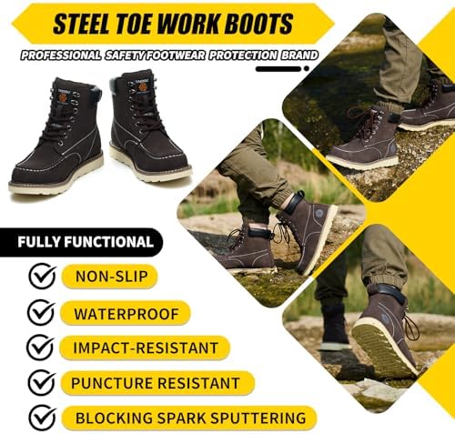 Steel Toe Boots for Men-6 Inch Moc Toe Safety Work Boots Non-Slip Resistant Indestructible Construction Western Boot Mens Steel Toes Shoes