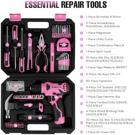 KingTool 156-Piece Pink Tool Kit, 8V Cordless Drill for Home Repairs & DIY