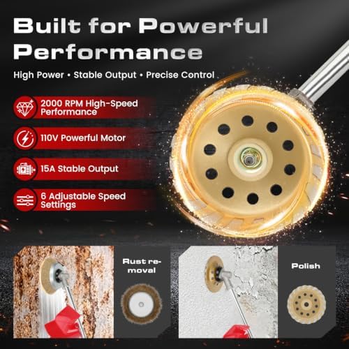 Electric Concrete Grinder & Polisher, 110V 6-Speed Heavy Duty Floor Grinder for Concrete, Cement & Wall Grinding, Rust, Paint & Coating Removal, 180mm Diamond Disc & 200mm Wire Brush