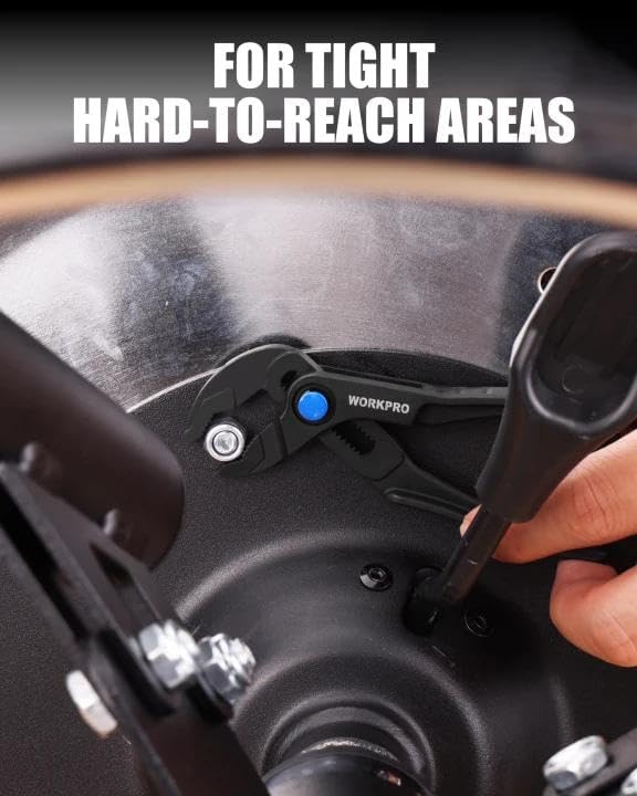 WORKPRO Mini Water Pump Pliers, 4-Inch Groove Joint Pliers, Fast Adjustable Tongue and Groove Pliers with 15-Position Push-Lock, V-Jaw for Multi-Surface Grip, Ideal for Tight Spaces and Versatile Use