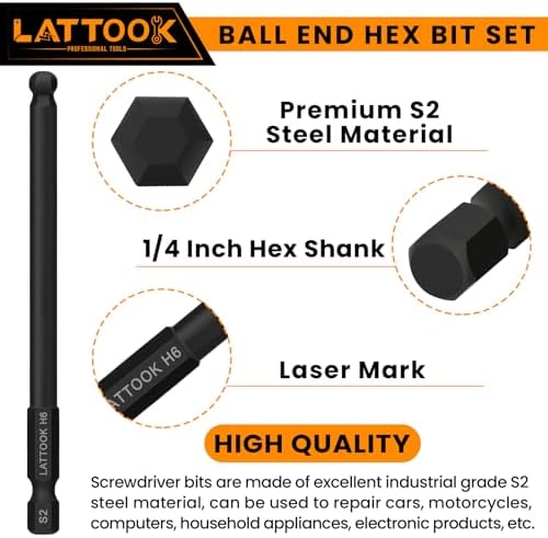 Metric Ball End Hex Head Allen Wrench Drill Bit Set | LATTOOK 12PCS Ball End Hex Bit Set, Allen Key Drill Bit Set, Magnetic S2 Steel, 4'' Long