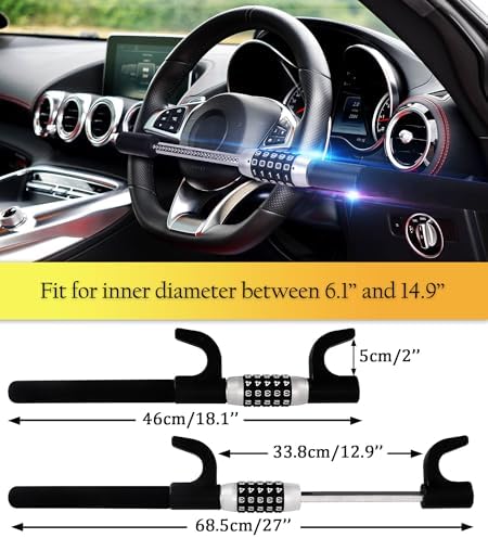 Tevlaphee Steering Wheel Lock, Car Lock Anti Theft Keyless Extendable Retractable Password 5 Coded Combination Lock, Heavy Duty Universal Fit (Black)