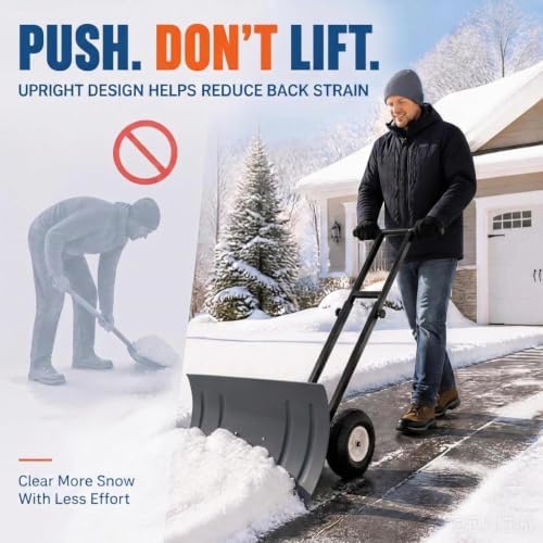GarveeLife Wheeled Snow Shovel - 29in Steel Blade, 10in Wheels Gray/Black