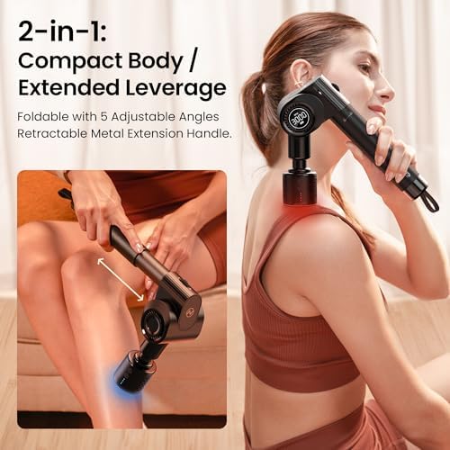 NAPRE Massage Gun with Heat and Cold Head,Deep Tissue Percussion Back Massager for Muscle/Neck/Body Pain Relief with Long Extension Retractable Handle,32-Speeds,Foldable with 5 Adjustable Angles
