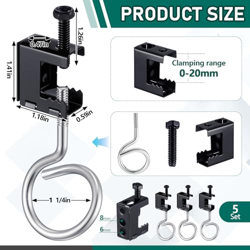 Tandefio 5 Set 1/4"-20 Spring Steel Beam Clamps Metal Beam Hangers Bolt on Clamp with Metal Machine Threaded Bridle Rings for Pipe Cable Woodworking Tool (1 1/4 Inch Bridle Rings)