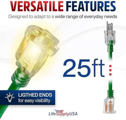 25ft Outdoor/Indoor Extension Cord 10/3 Gauge Ultra Heavy Duty 3 Prong SJTW, Waterproof, Flexible Cold-Resistant Long Power Cord,15A 125V 1875W, Green by LifeSupplyUSA
