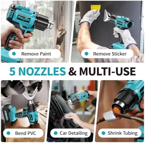 FULLYEA Cordless Heat Gun 572°F-1022°F, Portable Tool Kit with 2 Batteries