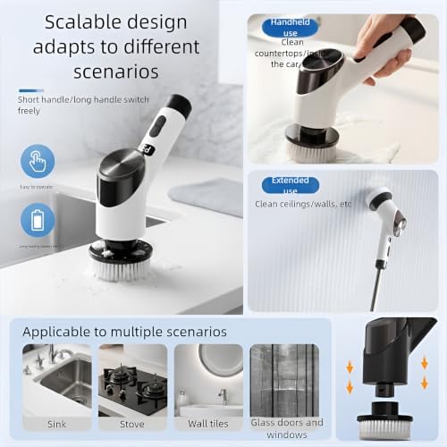 Electric Spin Scrubber for Bathroom, Cordless Power Scrubber with Extendable Handle, 3 Speeds, Digital Display and 8 Brush Heads for Shower, Bathtub, Tile, Grout, Floor and Kitchen,Black