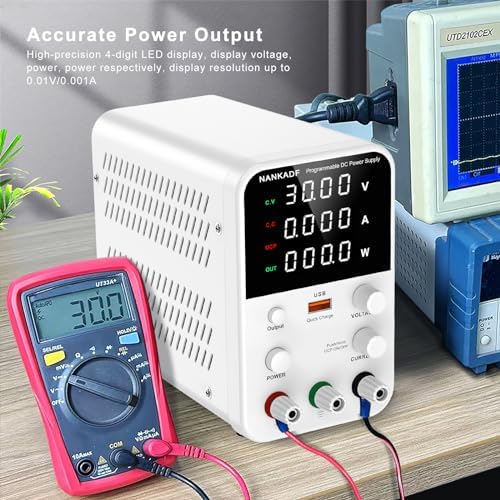 DC Power Supply Variable, Bench Power Supply with Encoder Adjustment Knob, Output Enable/Disable Button, Adjustable Power Supply with USB Quick-Charge, Short Circuit Alam (30V 10A White)