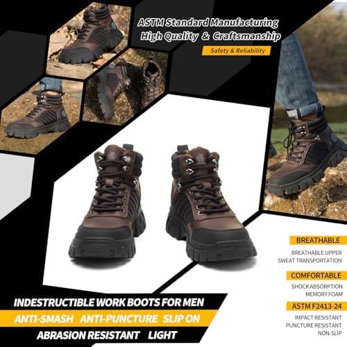 KELODON Waterproof Steel Toe Boots For Men-6 Inch Comfortable Mens Safety Work Boots Indestructible Steel Toe Shoes Lightweight Non Slip Puncture Resistant Industrial Construction Boot