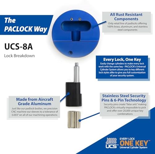 PACLOCK's 8-Series Stepped-Back Puck, UCS, High Performance 6-Pin Cylinder, Keyed Differently w/ 2 Keys, Blue