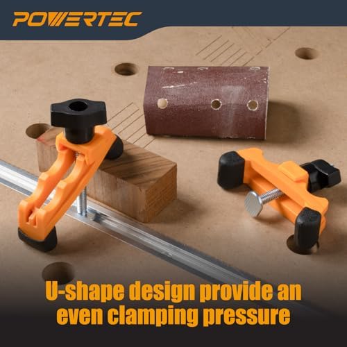 POWERTEC 2PK Adjustable Mini Hold Down Clamps, Multi-Positionable T Track Clamp, Reinforced Plastic Clamps with 1/4”- 20 Steel T Track Bolts for Drill Press, Router Table, CNC Machine & More (71786)