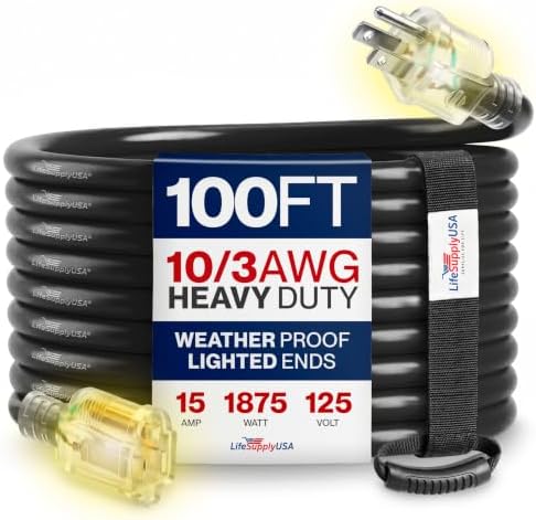 100ft Outdoor/Indoor Extension Cord 10/3 Gauge Ultra Heavy Duty 3 Prong SJTW, Waterproof, Flexible Cold-Resistant Long Power Cord,15A 125V 1875W, Black by LifeSupplyUSA