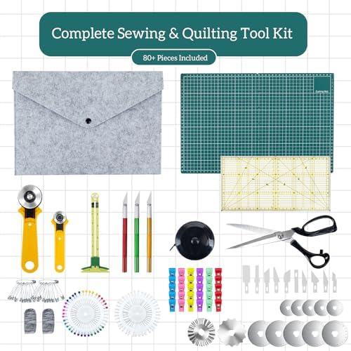 Rotary Cutter Set for Sewing & Quilting, 28mm & 45mm Fabric Cutters with Extra Blades, Foldable A3 Cutting Mat, Scissors, Rulers & Craft Tools Kit for Fabric Cutting, Patchwork, DIY Crafts