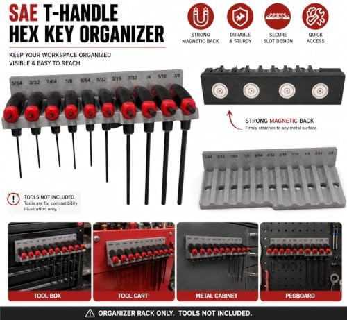 Magnetic T-Handle Hex Key Organizer Rack - Wrench Organizer for Garage, Tool Cart, or Workshop – Compatible with Toolboxes and Storage Systems - sae/metric/torx (SAE)