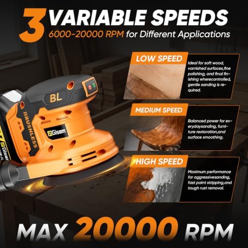 Gisam Cordless Random Orbital Sander with 2*4.0Ah Battery, Brushless Motor