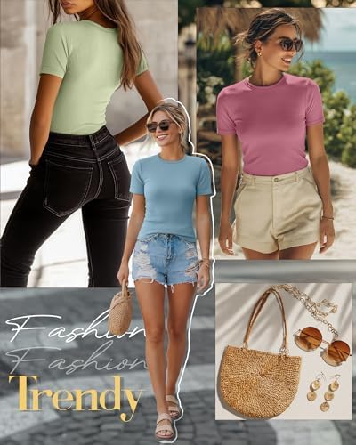 Ficerd 3 Pack Women's Ribbed Short Sleeve T-Shirts