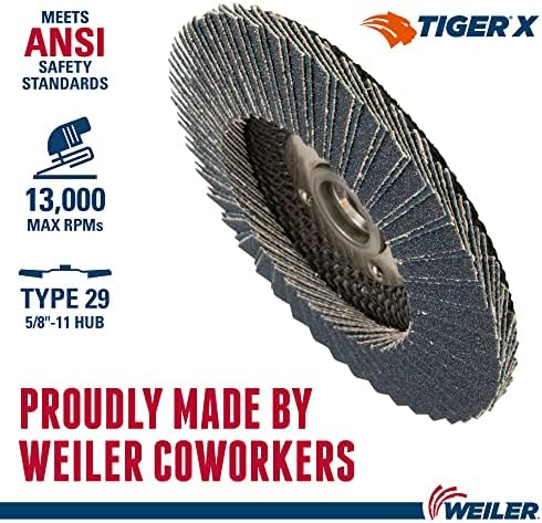 Weiler 51204 Tiger X Flap Disc, Ceramic and Zirconia Alumina, Angled, Phenolic Backing, 36 Grit, 4-1/2", 5/8"-11 UNC Nut (Pack of 10)