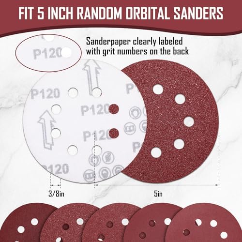 500 Pcs 5 Inch 8 Hole Sanding Discs, 60/80/120/220/320, Red
