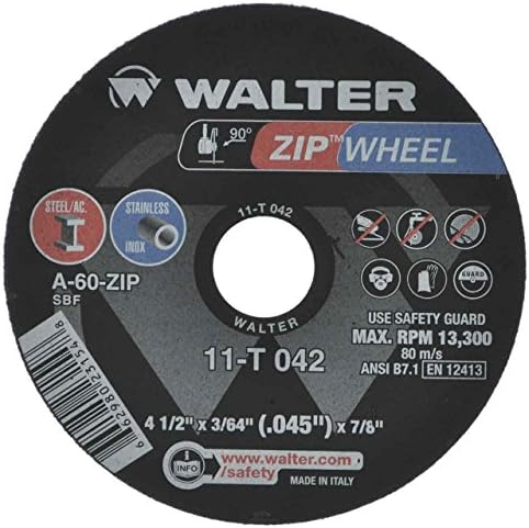 Walter Surface Technologies 11T042 ZIPCUT 4.5X3/64X7/8'' T1 CUT-OFF WHEEL, 25 Pack