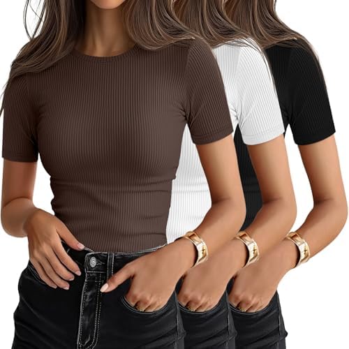 Ficerd 3 Pack Women's Ribbed Short Sleeve T-Shirts