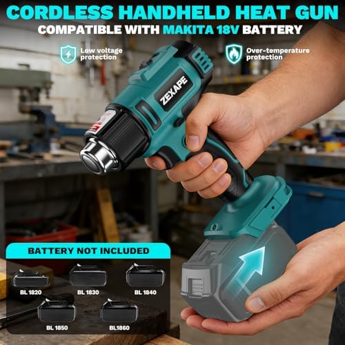 Cordless Heat Gun Compatible with Makita 18V Battery, 350W Fast Heating Soldering Gun with LED Light, 122℉-1022℉ Variable Temperature with 5 Nozzles for DIY Craft, Shrink Tubing (Tool Only)