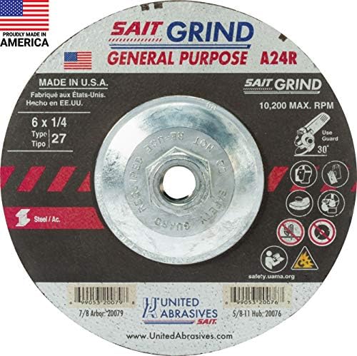 United Abrasives-SAIT 20076 A24R General Purpose/Long Life Grinding Wheel (Type 27/Depressed Center) 6" x 1/4" x 5/8-11", 10-Pack