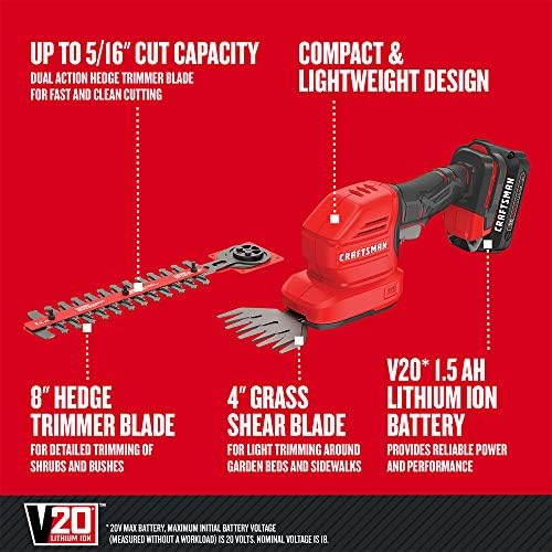 CRAFTSMAN V20 4 In. Cordless Handheld Grass Trimmer and 8 In. Mini Hedge Trimmer, Battery and Charger Included, Rechargeable 2 in 1 Grass Shear and Bush Trimmer (CMCSS800C1)
