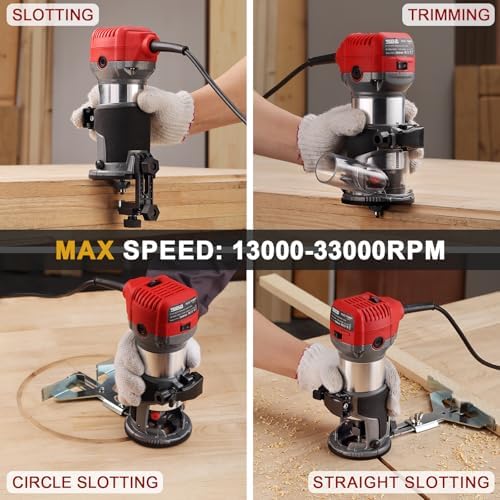 TEENO Wood Router, 6.5 Amp 1.25 HP Compact Router Tools for Woodworking, 13000-33000 RPM Hand Trim Router with 15pcs 1/4" Bits Set, 6 Variable Speeds, Edge Guide, Roller Guide