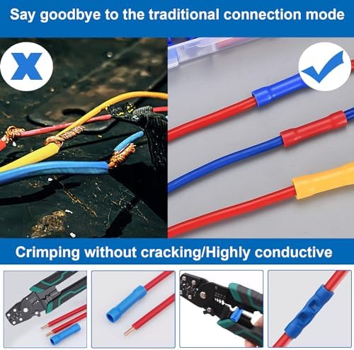 smseace 210PCS Wire Butt connectors with Crimping Tool 22-10AWG Butt Splice Connectors Insulated Electrical Straight Wire Terminal