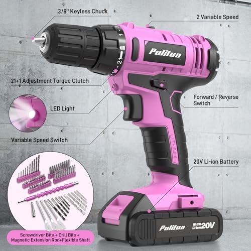PULITUO Power Drill Tool Kit with 20V Cordless Drill/Driver, Electric Screwdriver, 2 Batteries & Charger, LED Light, 199-Piece Pink Home DIY Tool Set with Toolbox, Drill Set for Women & Men (Pink)