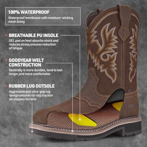HISEA NINGO Steel Toe Work Boots for Men Square Toe Cowboy Boots Soft Toe