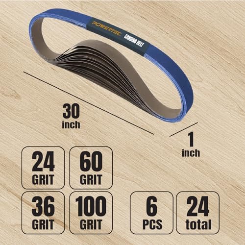 POWERTEC 1x30 Sanding Belts, 24PK, 6 Each of 24/36/60/100 Grits, 1 x 30 Inch Zirconia Sanding Belts for Belt Grinder, Belt and Disc Sander, Knife Sharpening, Woodworking (41300-2Z)