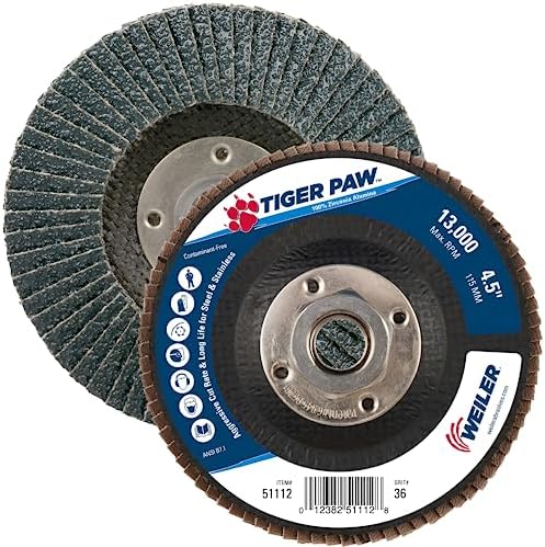 Weiler 51112 4-1/2" Tiger Paw Abrasive Flap Disc, Flat (Ty27), Phenolic Backing, 36Z, 5/8"-11 UNC Nut (Pack of 10)